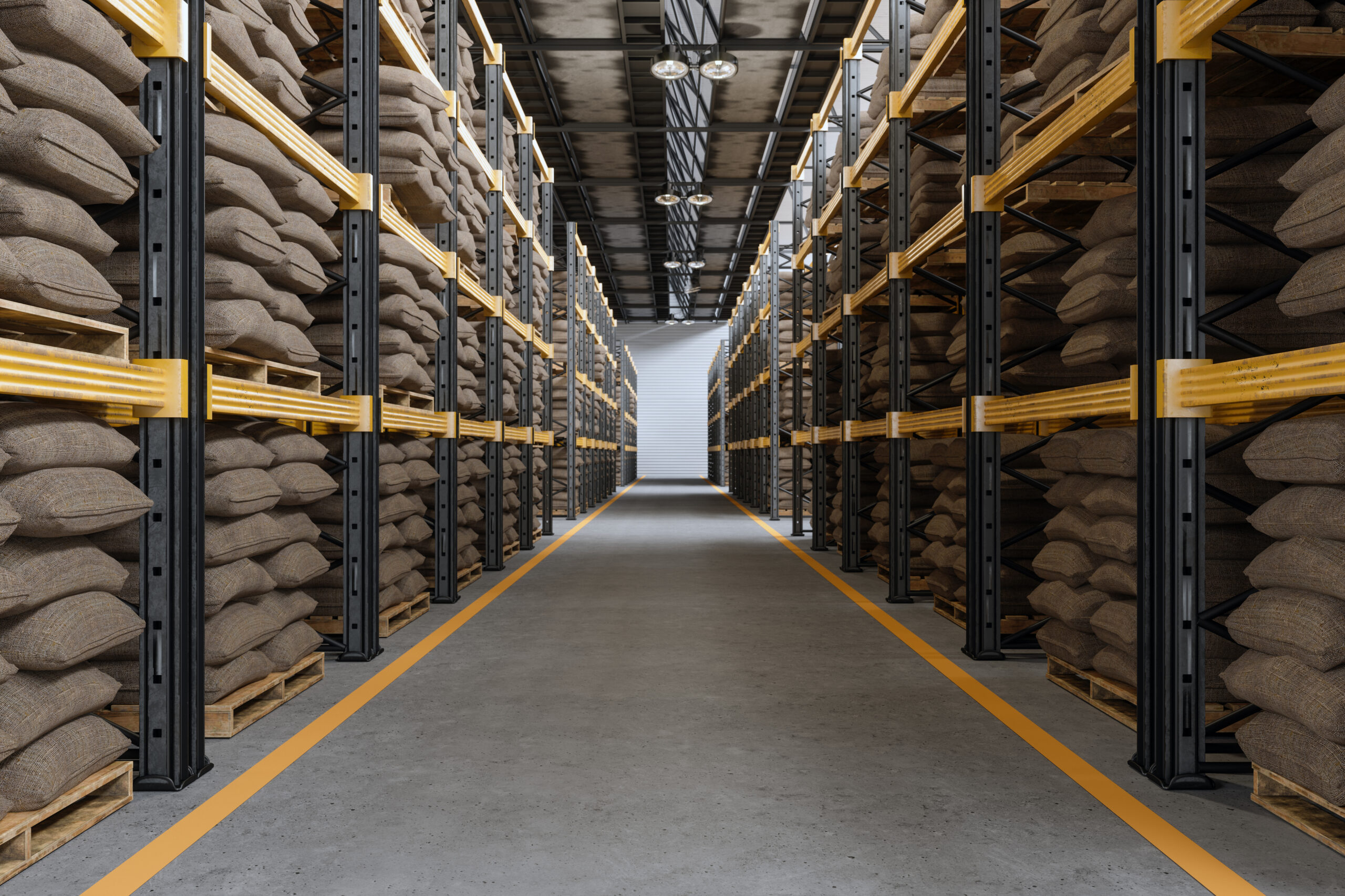 Distribution Warehouse Interior With Sack Of Grains Or Sack Of Coffee On Racks Warehouse shot with bags of rice for Pong Chien Registrar Corp customer case study.